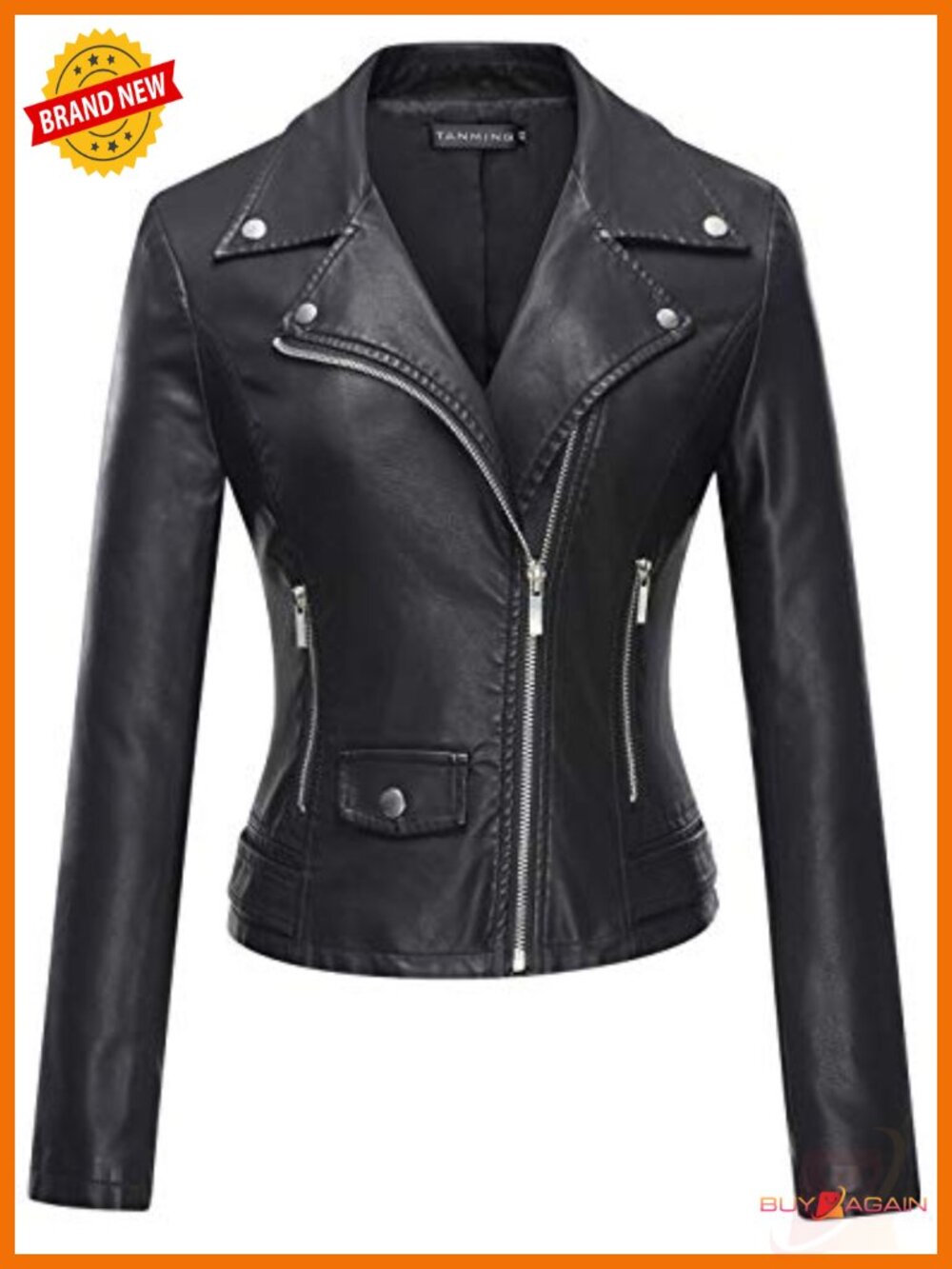 Faux Leather Moto Biker Short Coat Jacket Zip Up Notch Collar
